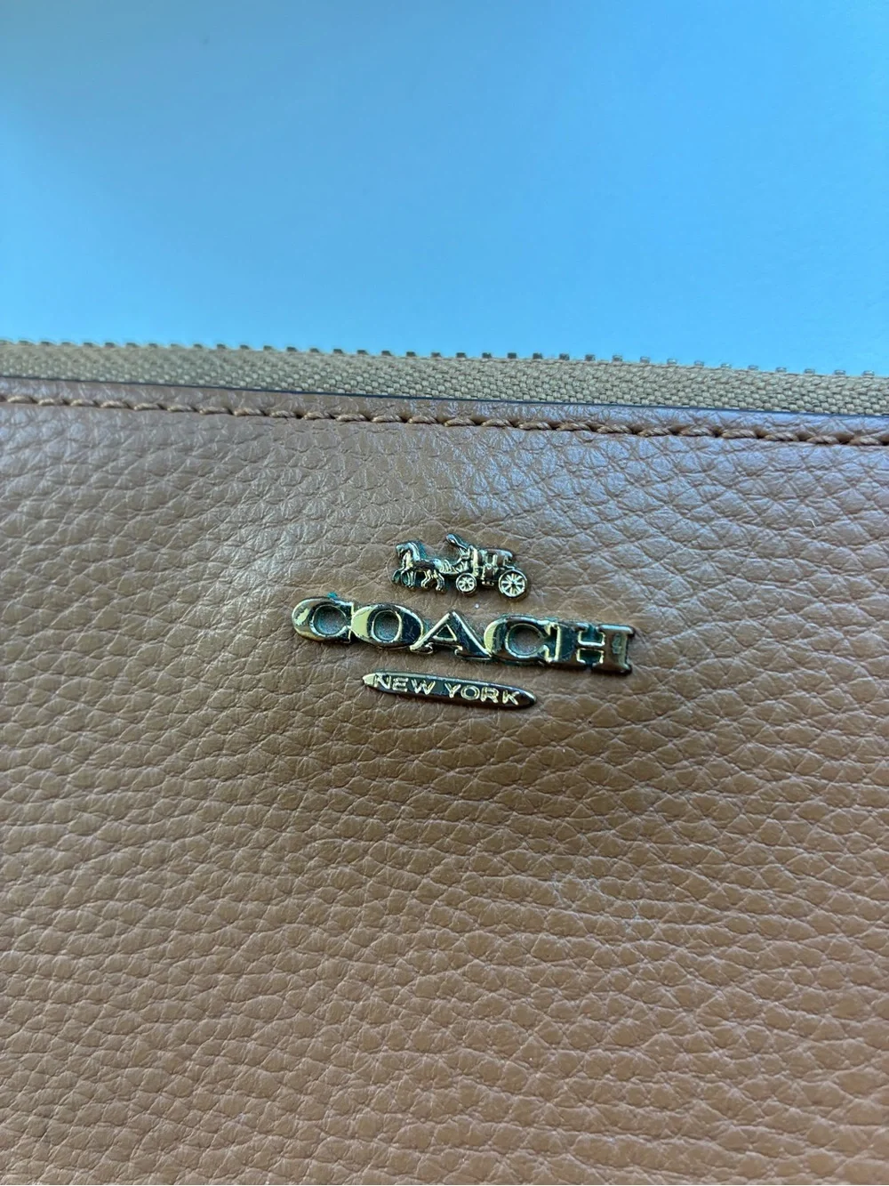 Coach Brown Pebbled Leather Zip Wallet with Gold Logo